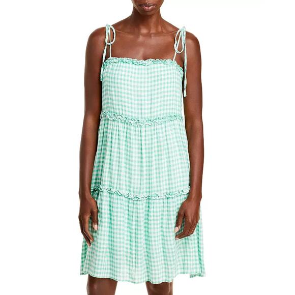 Rails Caralyn Tiered Green Basil Gingham Checked Dress Linen Size Large NEW - Picture 1 of 10